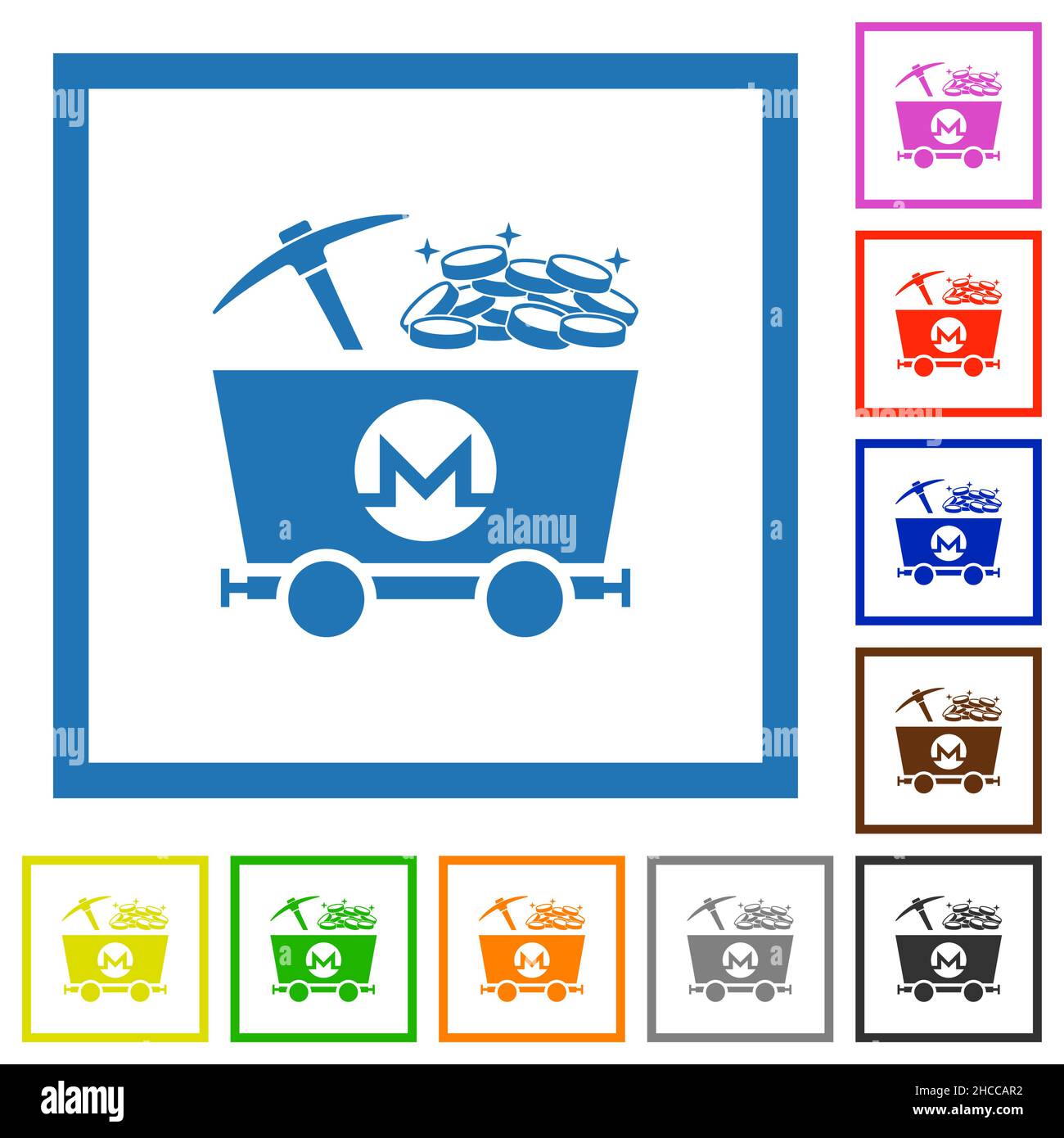 Monero Kryptowährung Mining mit Schatzflachfarben-Symbolen in quadratischen Rahmen auf weißem Hintergrund Stock Vektor
