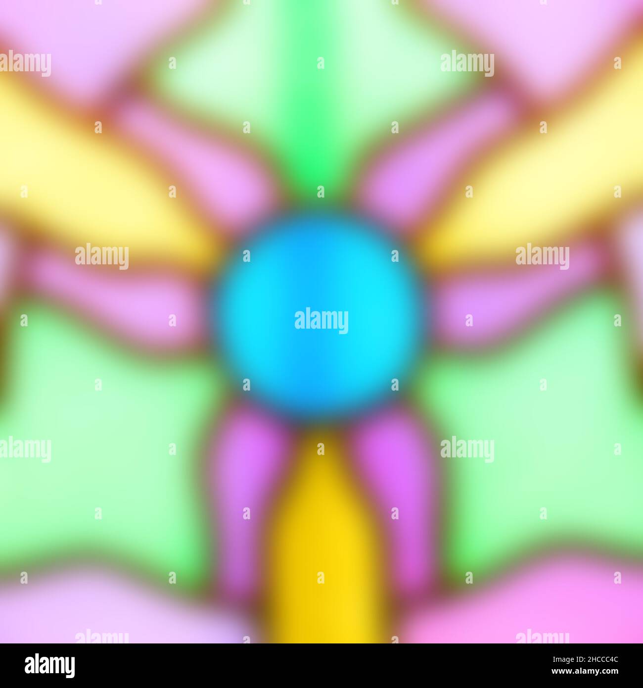 Hintergrundunschärfe von Buntglas. Glas ist violett, blau, gelb und grün. Meist links-rechts symmetrisch. Stockfoto