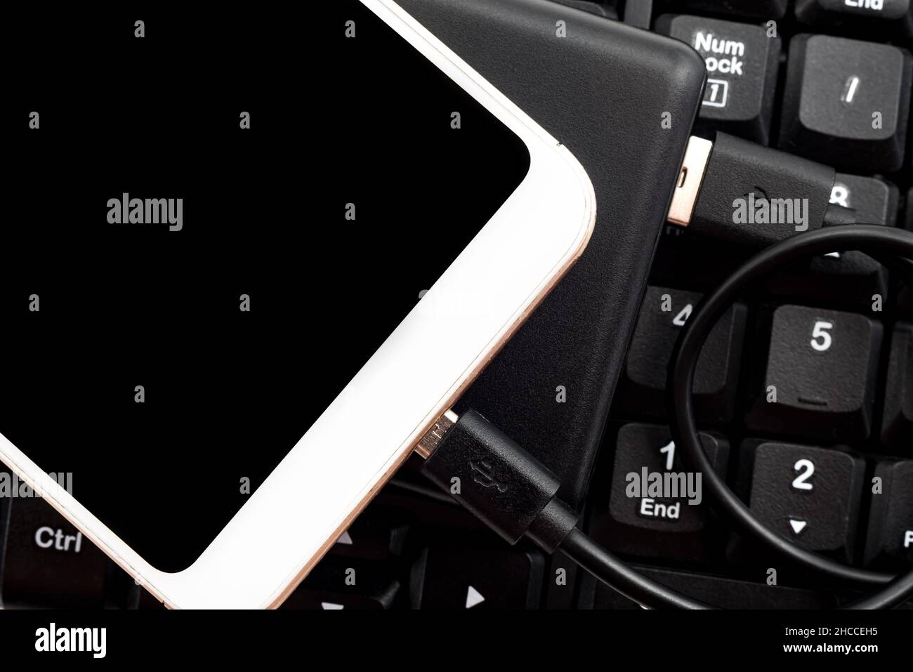 Ladegerät, der Akku lädt das Mobiltelefon über ein Kabel auf. Powerbank Stockfoto