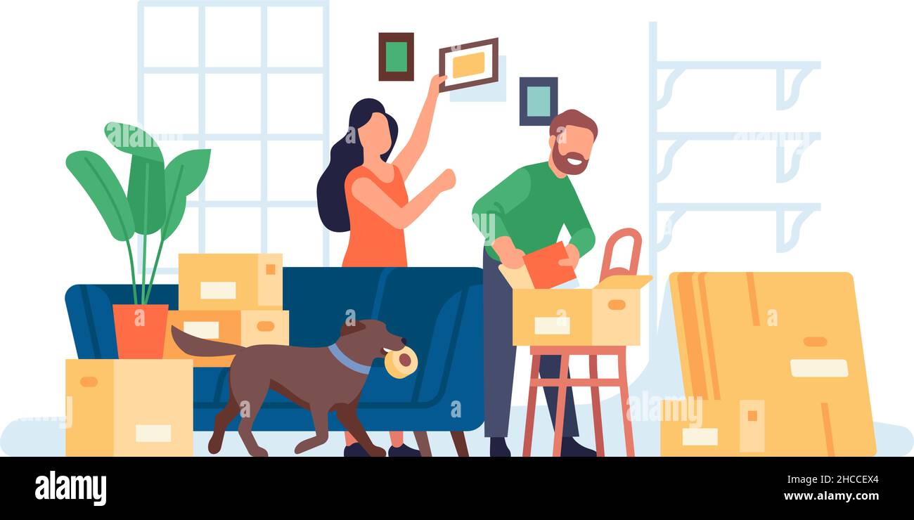 Paar packen Haussachen in Pappkartons. Bewegungskonzept Stock Vektor