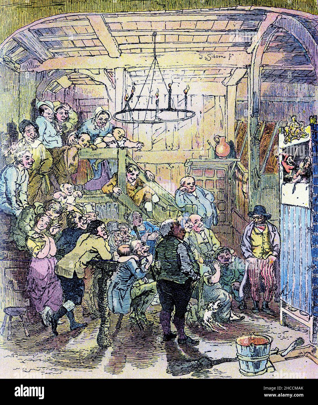 Farbiger Halbton einer Punch and Judy Show im Inn, einer Szene aus einem viktorianischen Buch von Charles Dickens, das um 1908 veröffentlicht wurde Stockfoto