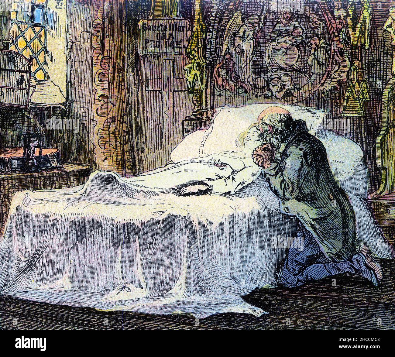 Gravur eines alten Mannes, der den Tod eines Mädchens trauert, eine Szene aus einem Buch aus der viktorianischen Zeit von Charles Dickens, veröffentlicht um 1908 Stockfoto