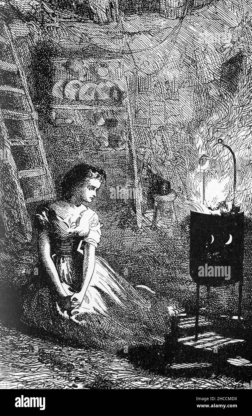 Gravur einer jungen Frau, die in einem großen Topf auf das Essen wartet, um zu kochen, eine Szene aus einem viktorianischen Buch von Charles Dickens, veröffentlicht um 1908 Stockfoto