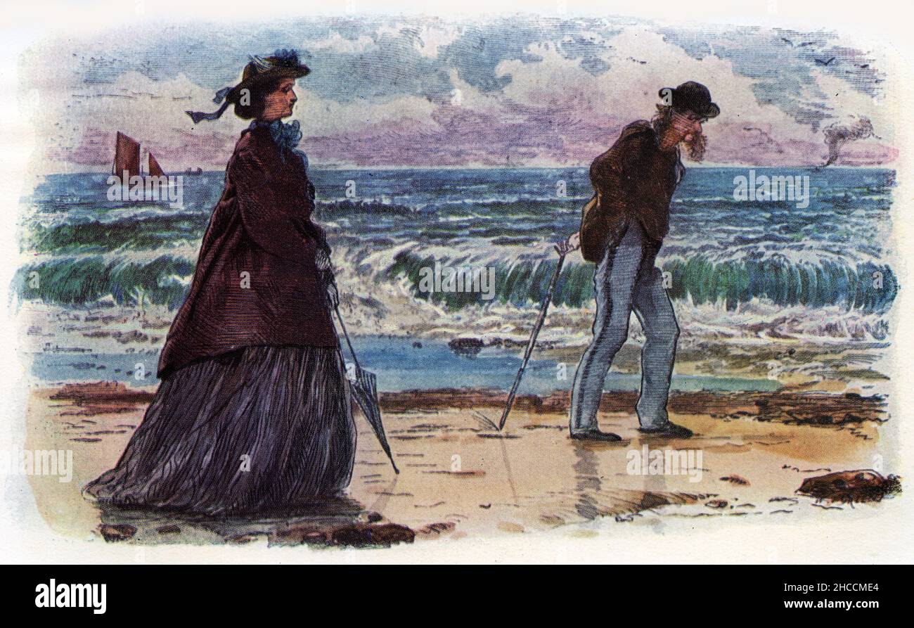 Gravur von zwei Menschen, die am Strand zusammen spazieren, eine Szene aus einem Buch aus der viktorianischen Zeit von Charles Dickens, veröffentlicht um 1908 Stockfoto