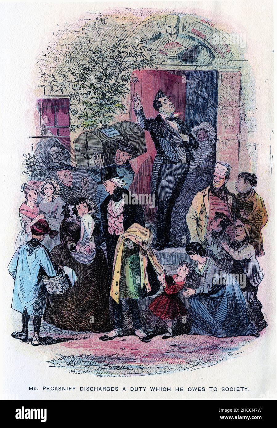 Stich von Herrn Pecksniff, der eine Pflicht zur Gesellschaft erlässt, eine Szene aus einem viktorianischen Buch von Charles Dickens, veröffentlicht um 1908 Stockfoto