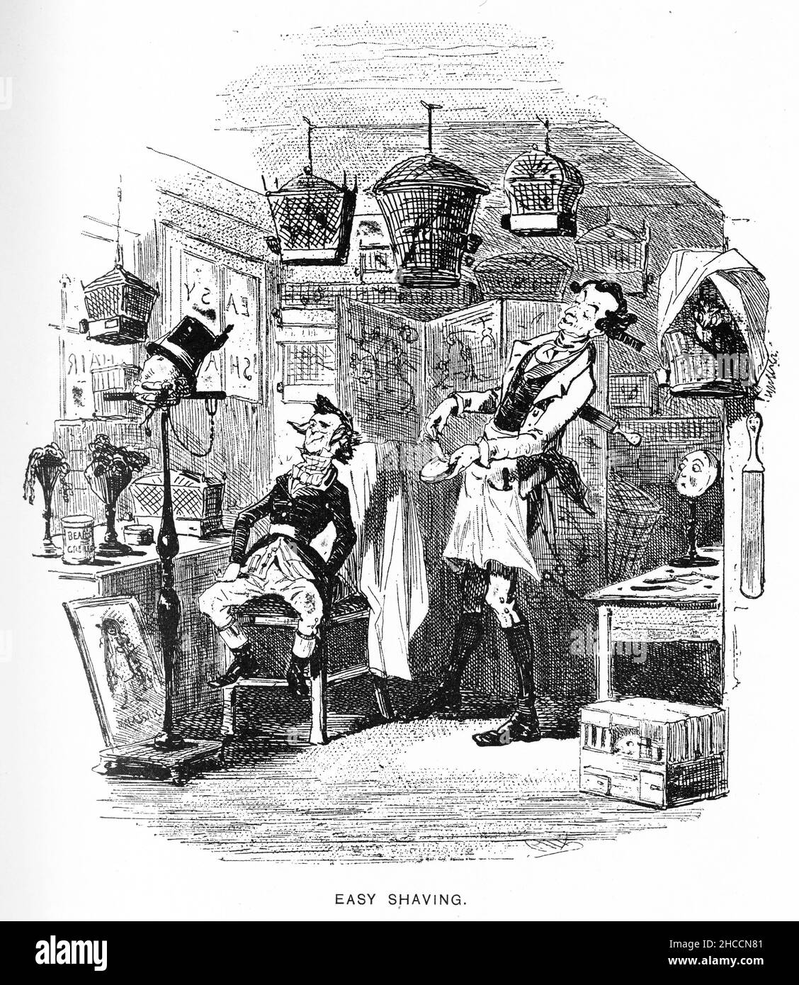 Gravur eines Barbiers bei der Arbeit bei Easy Shaving, einer Szene aus einem viktorianischen Buch von Charles Dickens, veröffentlicht um 1908. Beachten Sie die Reflexion im Spiegel rechts. Stockfoto
