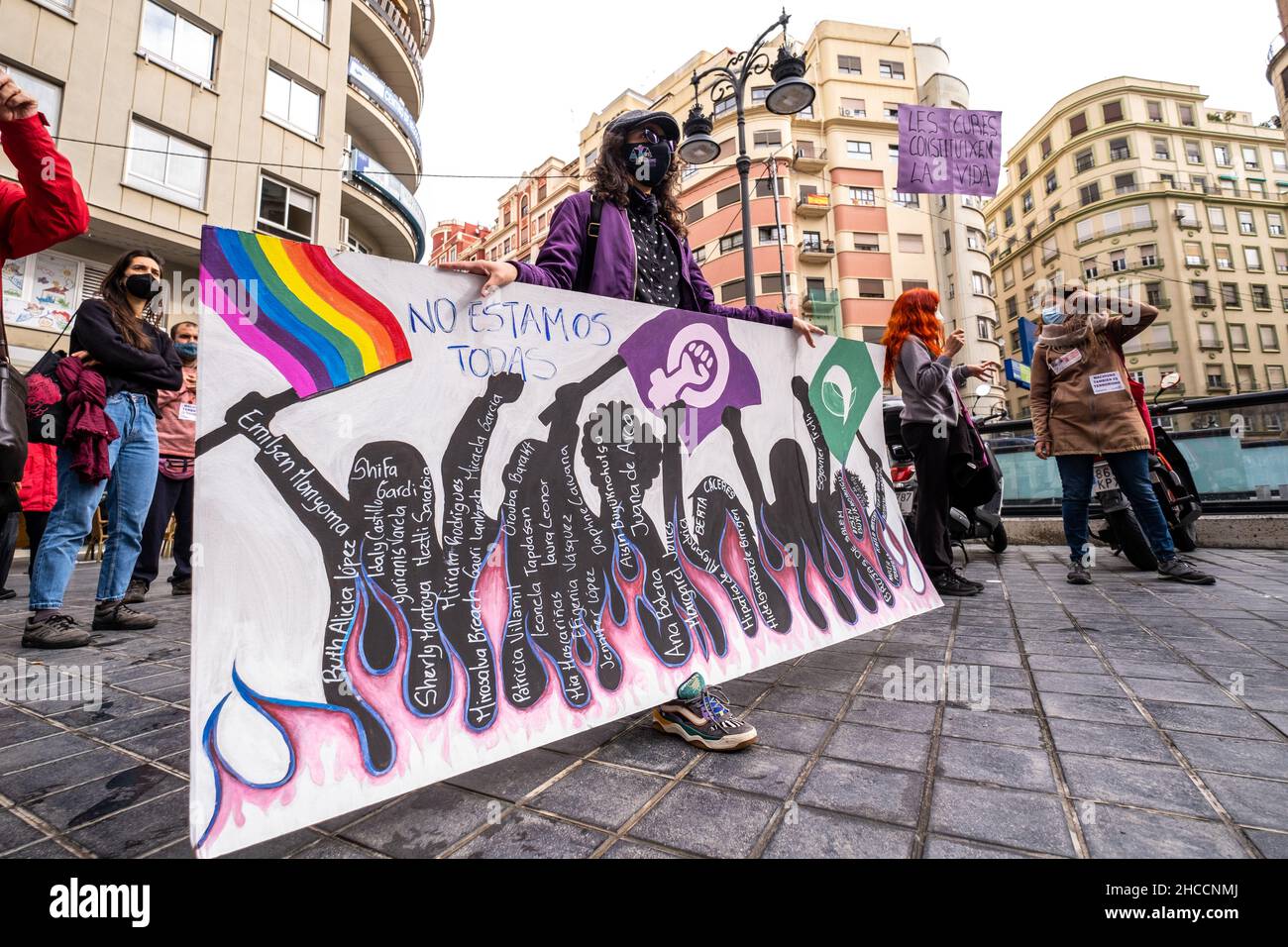 Valencia, Spanien; 8th. März 2021: Feministische Kundgebungen zum Frauentag am 8. März 2021. Stockfoto
