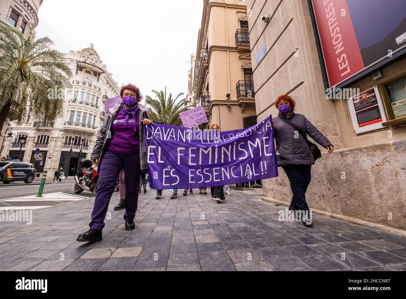 Valencia, Spanien; 8th. März 2021: Feministische Kundgebungen zum Frauentag am 8. März 2021. Stockfoto