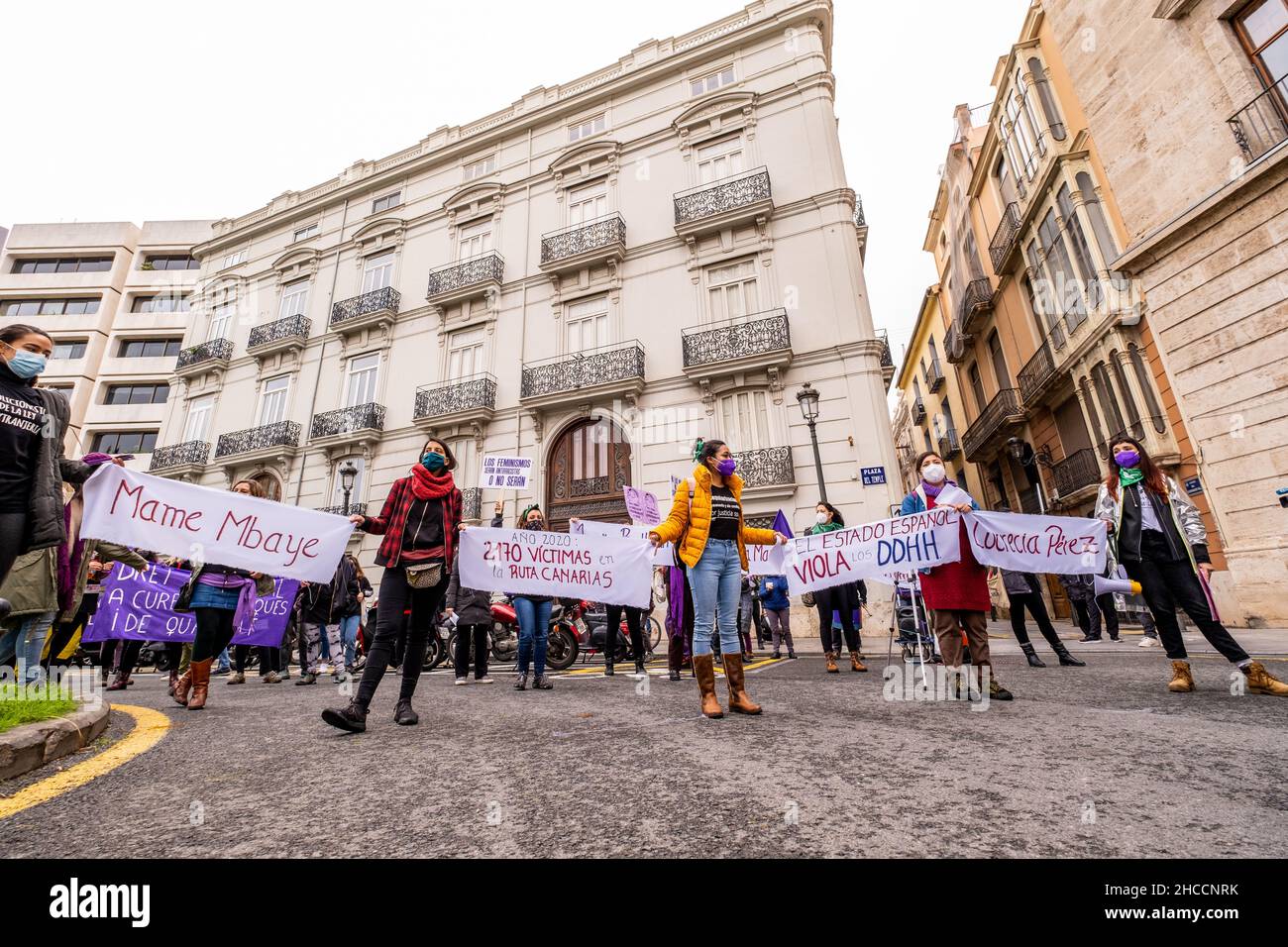 Valencia, Spanien; 8th. März 2021: Feministische Kundgebungen zum Frauentag am 8. März 2021. Stockfoto