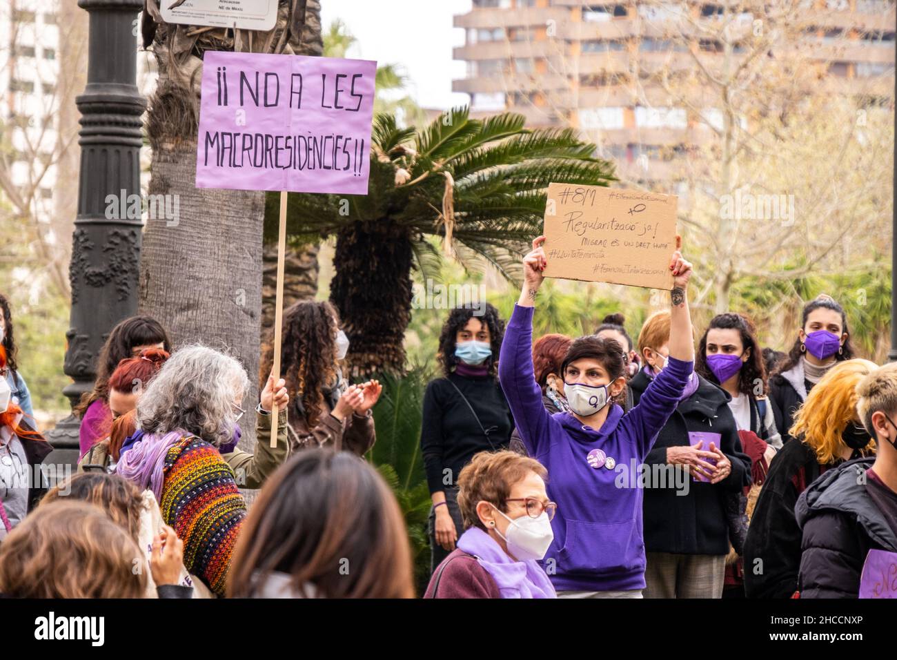 Valencia, Spanien; 8th. März 2021: Feministische Kundgebungen zum Frauentag am 8. März 2021. Stockfoto