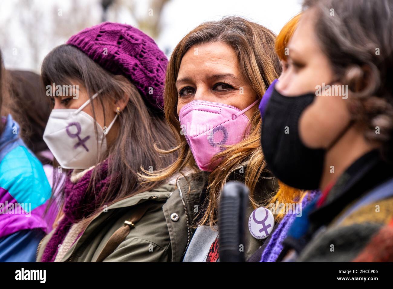 Valencia, Spanien; 8th. März 2021: Feministische Kundgebungen zum Frauentag am 8. März 2021. Stockfoto