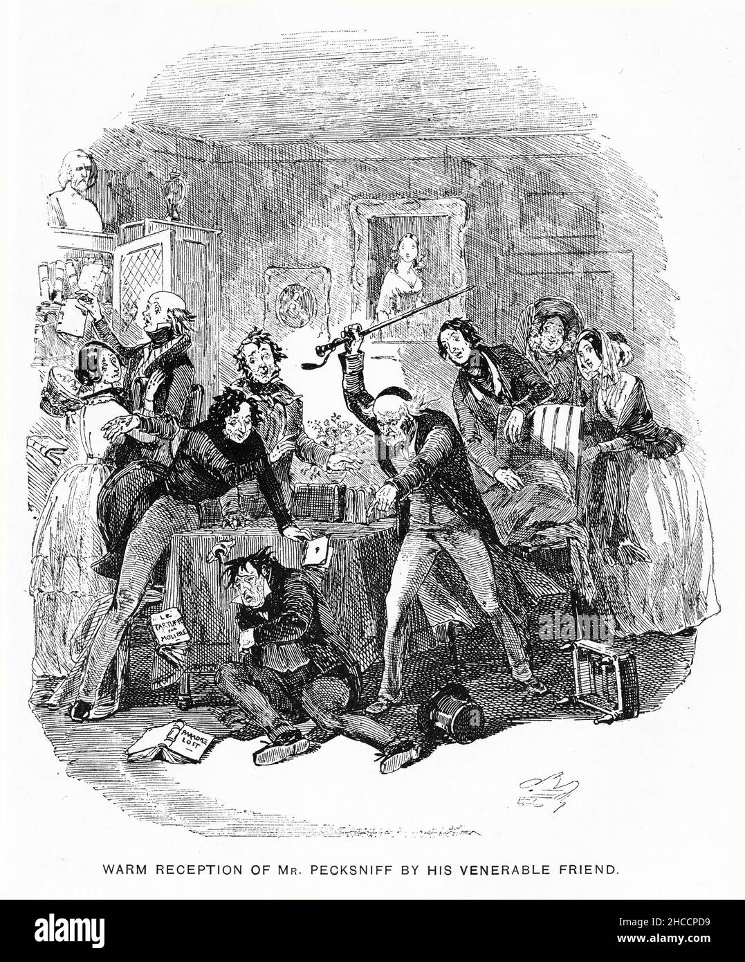Gravur eines herzlichen Empfangs von Herrn Pecksniff durch seinen ehrwürdigen Freund, eine Szene aus einem Buch aus der viktorianischen Zeit von Charles Dickens, veröffentlicht um 1908 Stockfoto