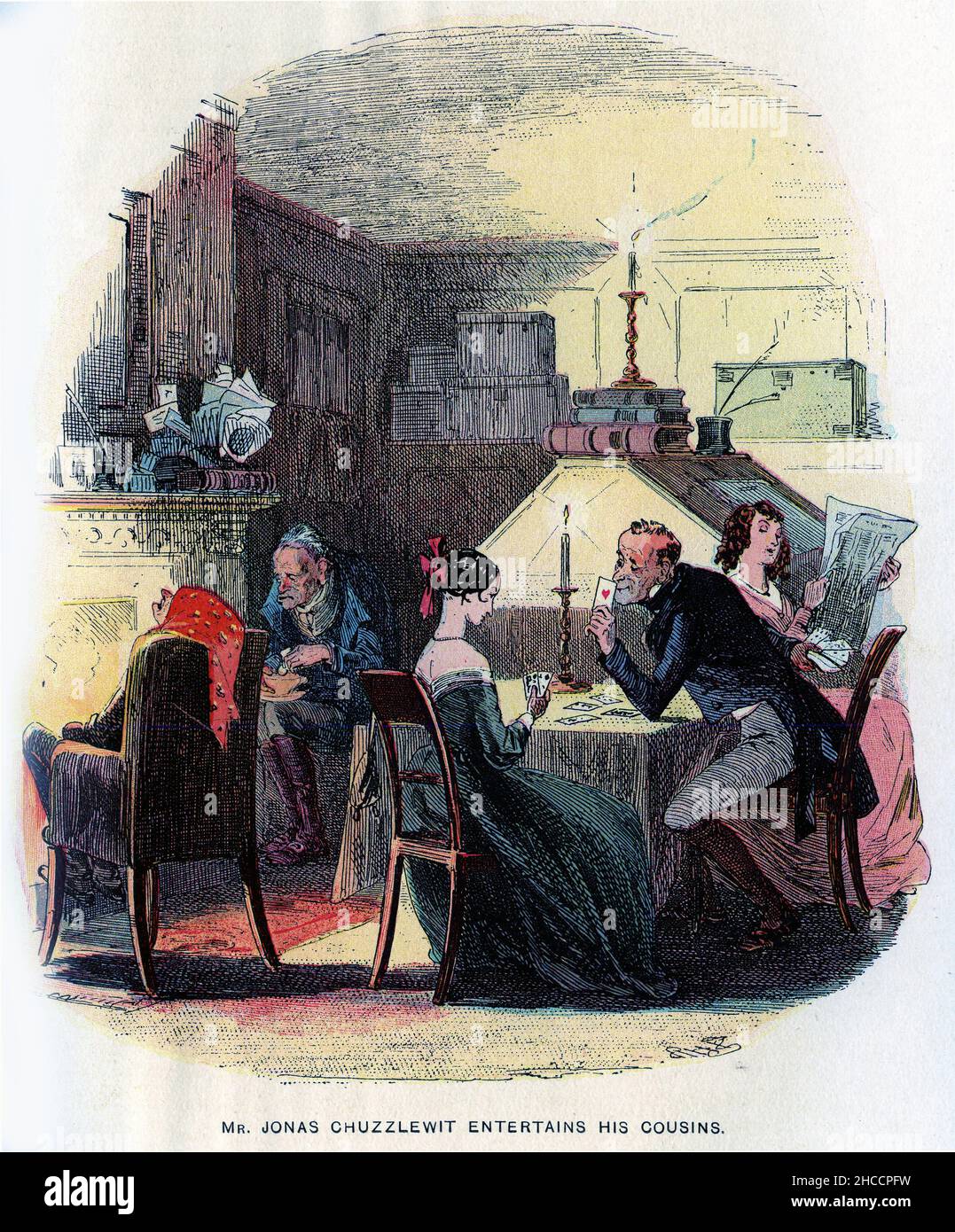 Stich von Jonas Chuzzlewit, der seine Cousins unterhält, eine Szene aus einem Buch aus der viktorianischen Zeit von Charles Dickens, veröffentlicht um 1908 Stockfoto