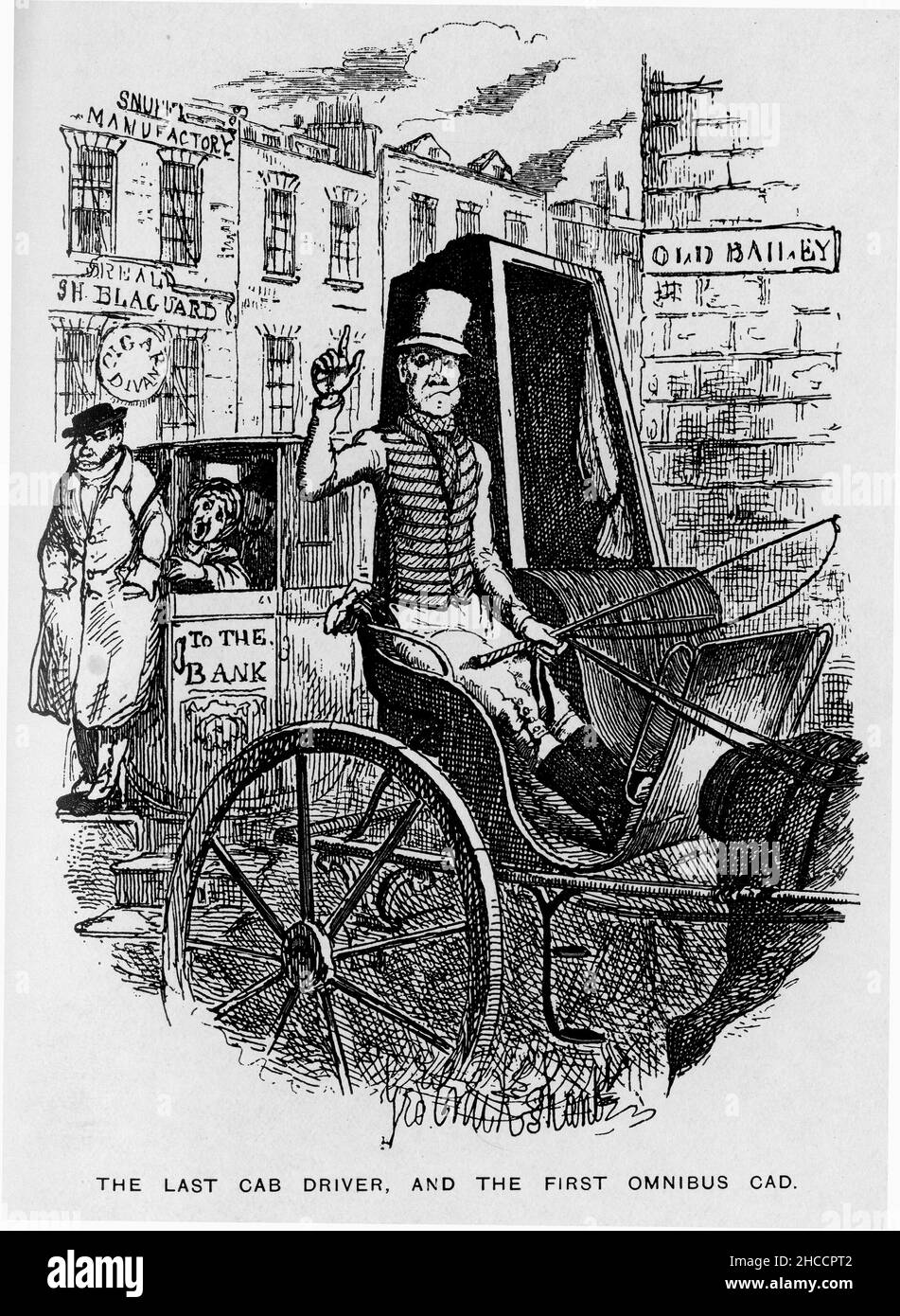 Gravur des letzten Taxifahrers und des ersten Omnibus-cad. Eine Szene aus einem viktorianischen Buch von Charles Dickens, veröffentlicht um 1908 Stockfoto