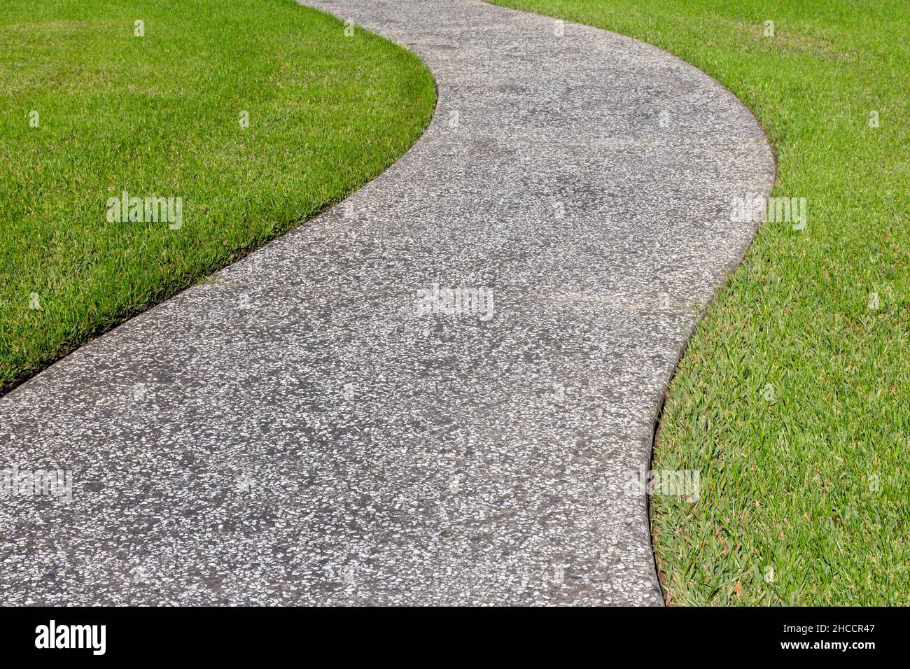 Ein dicker Teppich aus Zoysia-Gras und ein Austernmuschel-Tabby-Pfad deuten auf das Konzept einer Reise oder eines wunderschön gepflegten Gartens hin. Stockfoto