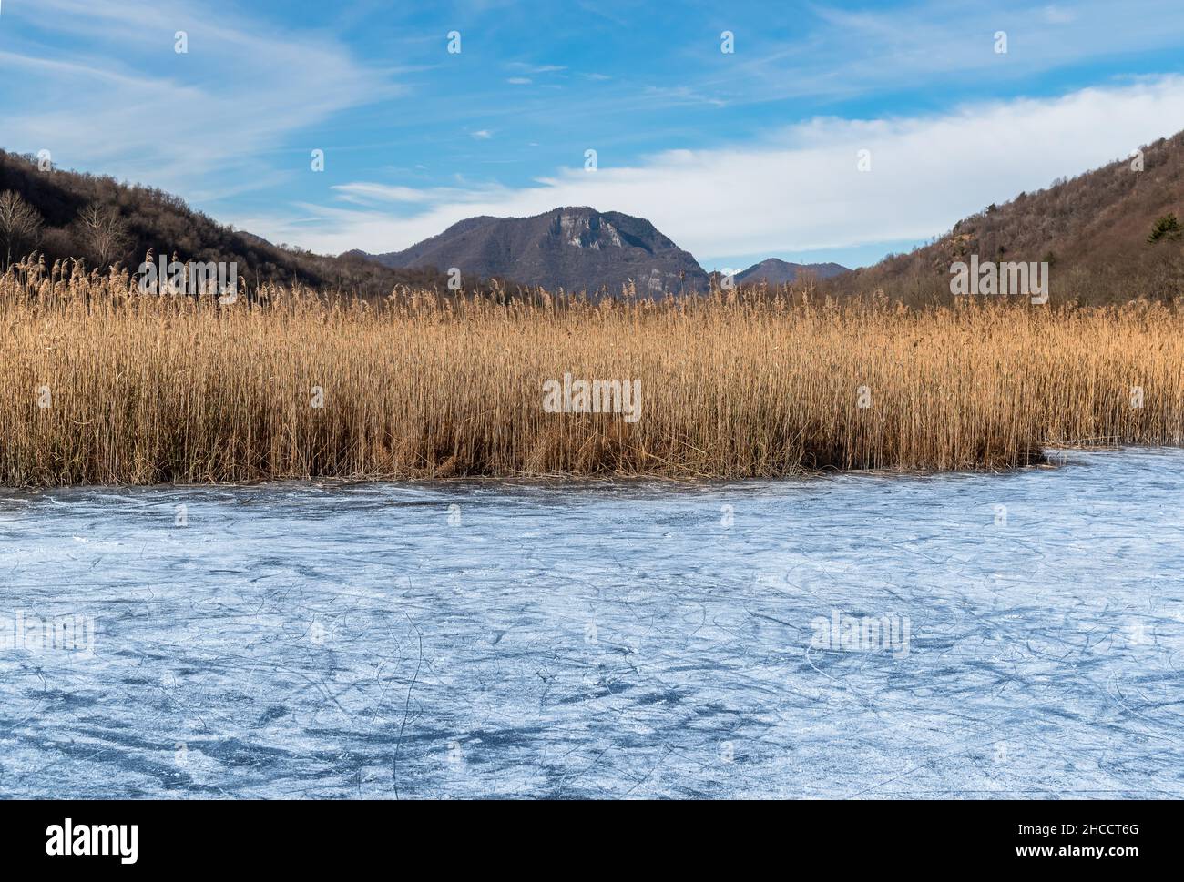 Landschaft des Torfmoors Ganna in der Wintersaison. Regionalpark Campo Dei Fiori, Valganna, Provinz Varese, Lombardei, Italien Stockfoto