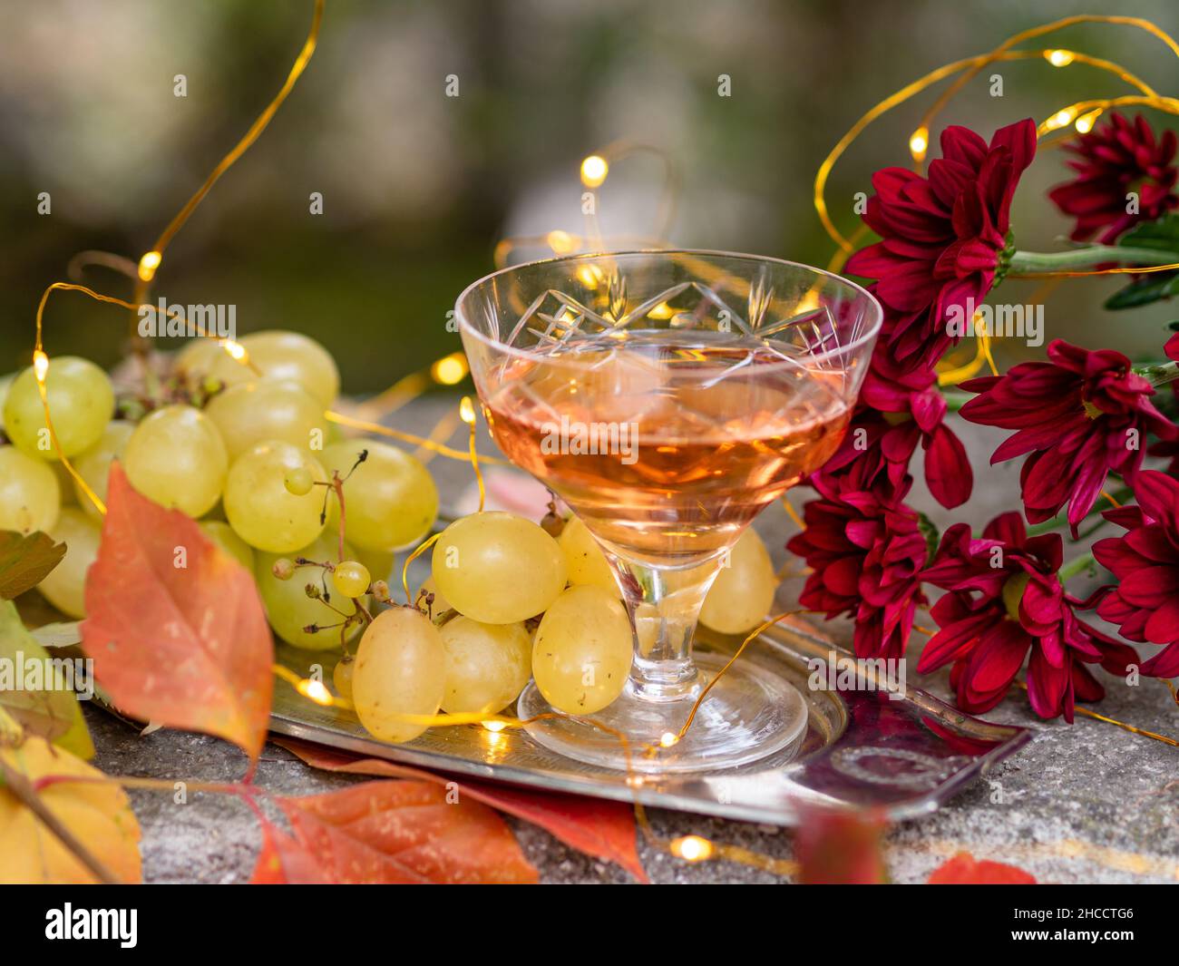 Ein Glas Wein mit Trauben und roten Chrisantemums. Stillleben Komposition. Stockfoto