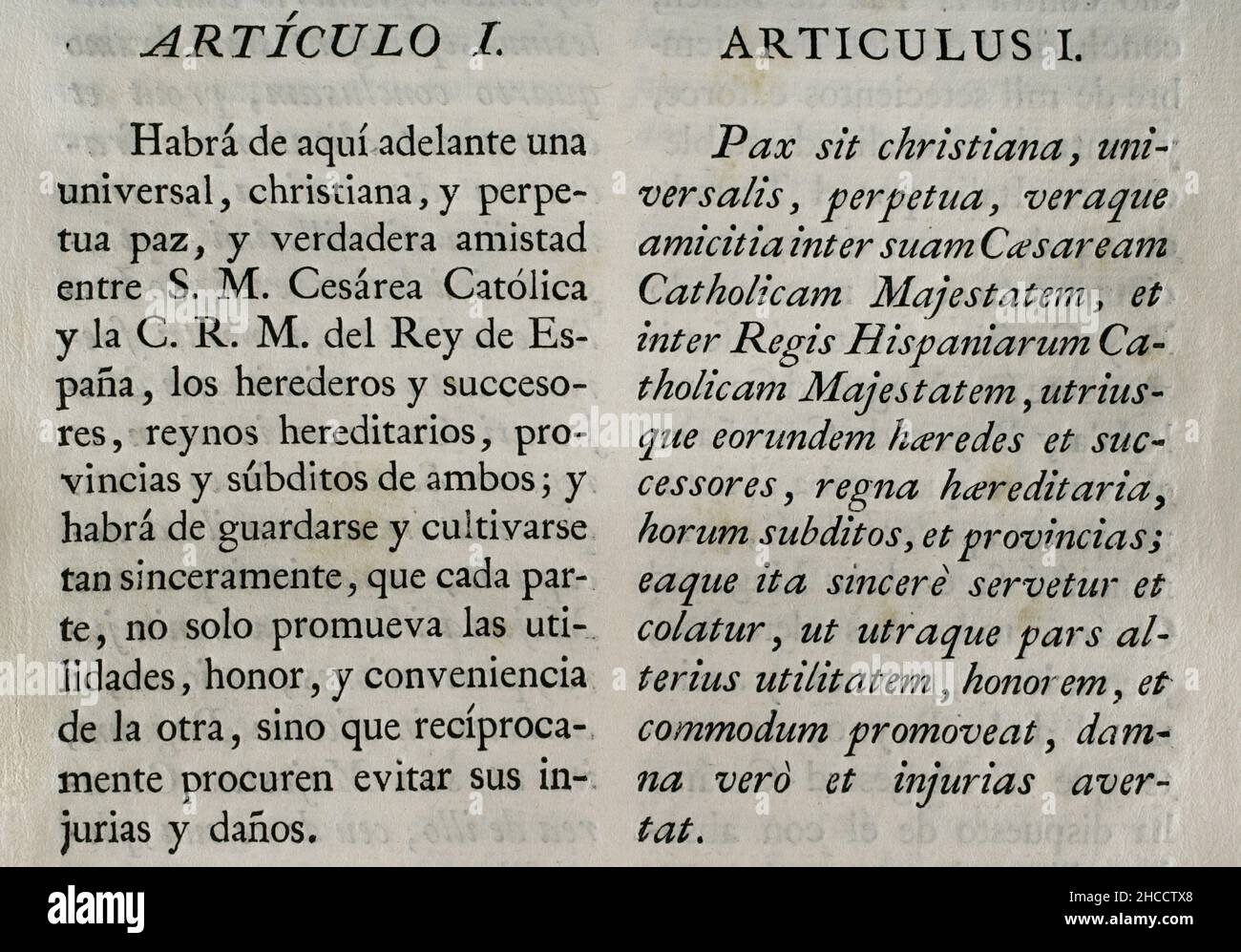 „Vertrag von Wien“ (1725). Friedensvertrag zwischen König Philipp V. und Karl VI., Kaiser des Heiligen Römischen Reiches. Am 30. April 1725 in Wien abgeschlossen und am 26. Mai dieses Jahres von Philipp V. in San Ildefonso ratifiziert. Philip V. unterzeichnete den Vertrag über Baron de Ripperdá. Durch diesen Vertrag verzichtete Karl VI. (Erzherzog Karl) auf seine Ansprüche an die Krone Spaniens und erkannte Philipp V. als Monarchen an. Spanien hat die österreichische Souveränität über die ehemaligen spanischen Niederlande und die Gebiete Mailand, Neapel und Sizilien anerkannt. Artikel I. Sammlung der Verträge von Frieden, Allianz und Handel, angepasst durch das C Stockfoto