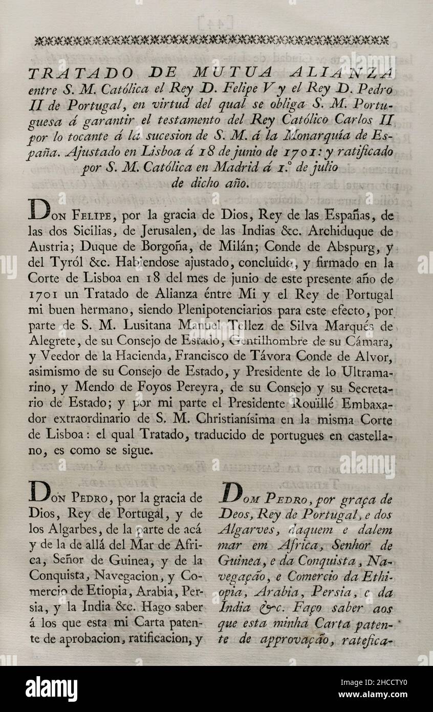 „Vertrag von Lissabon“ (1701). Vertrag über die gegenseitige Allianz zwischen Philipp V. von Spanien und Pedro II von Portugal, durch den der portugiesische Monarch verpflichtet war, den Willen von König Karl II. Hinsichtlich der Thronfolge zu garantieren. König Pedro II. Garantierte Unterstützung für Philipp V. und nicht für den Prätenders Karl von Österreich. Am 18. Juni 1701 in Lissabon unterzeichnet und am 1. Juli dieses Jahres in Madrid ratifiziert. Sammlung der Verträge über Frieden, Allianz und Handel, die von der spanischen Krone mit den ausländischen Mächten (Colección de los Tratados de Paz, Alianza, Comercio ajustados por l Stockfoto