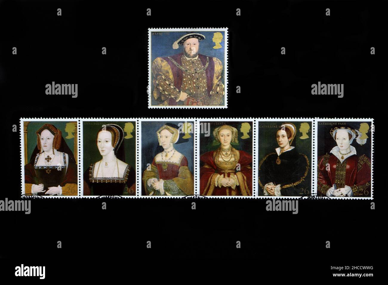 Sechs Frauen von König Heinrich VIII Britische Briefmarken. Briefmarkenausgabe der Royal Mail. Briefmarkensammler-Hobby Stockfoto