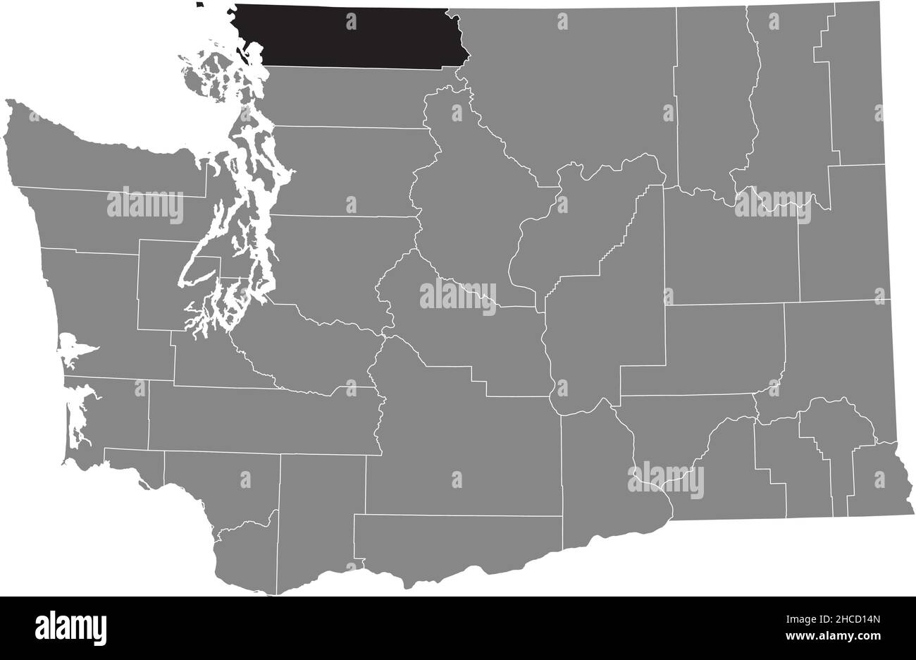 Schwarz markierte Standortkarte des Whatcom County in grauer Verwaltungskarte des Bundesstaates Washington, USA Stock Vektor