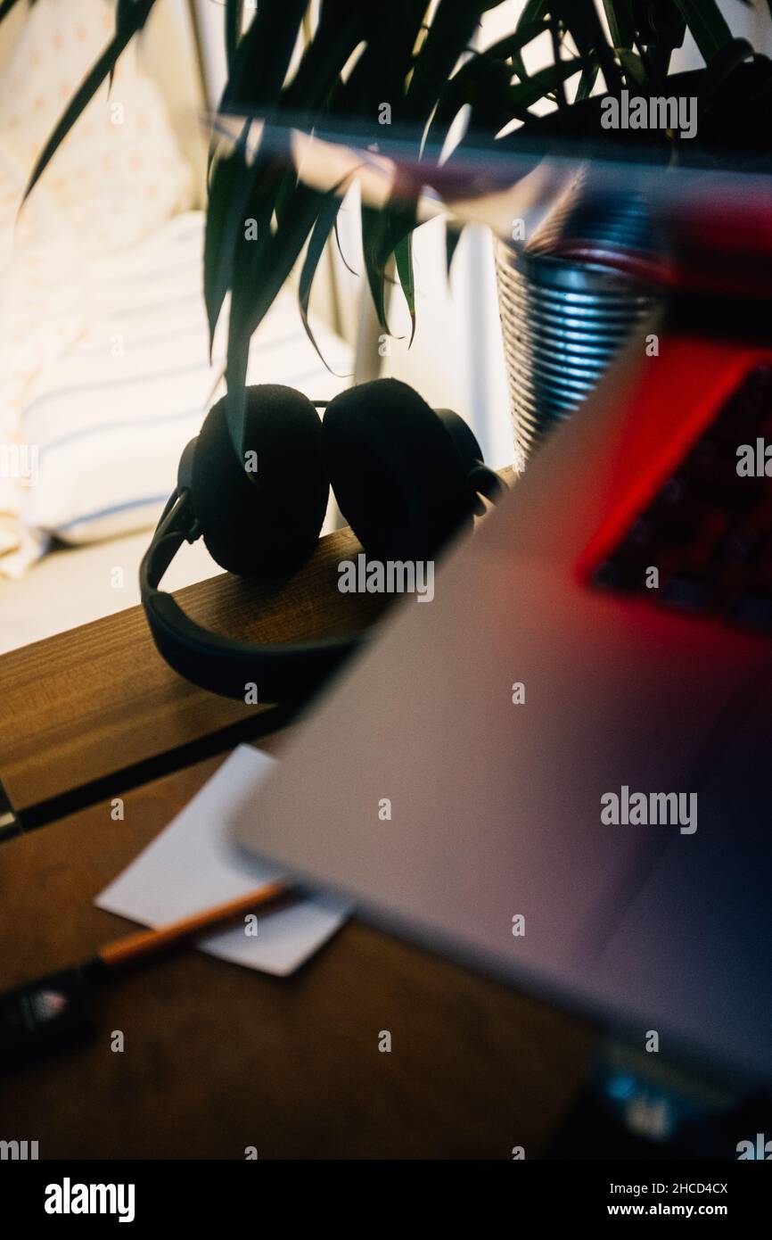 Vertikale Aufnahme von Kopfhörern und Pflanzen an einem Laptop auf einen Holzschreibtisch Stockfoto