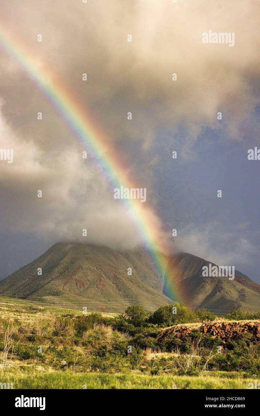 Vertikale Landschaft des Regenbogens über den westlichen maui Bergen. Stockfoto