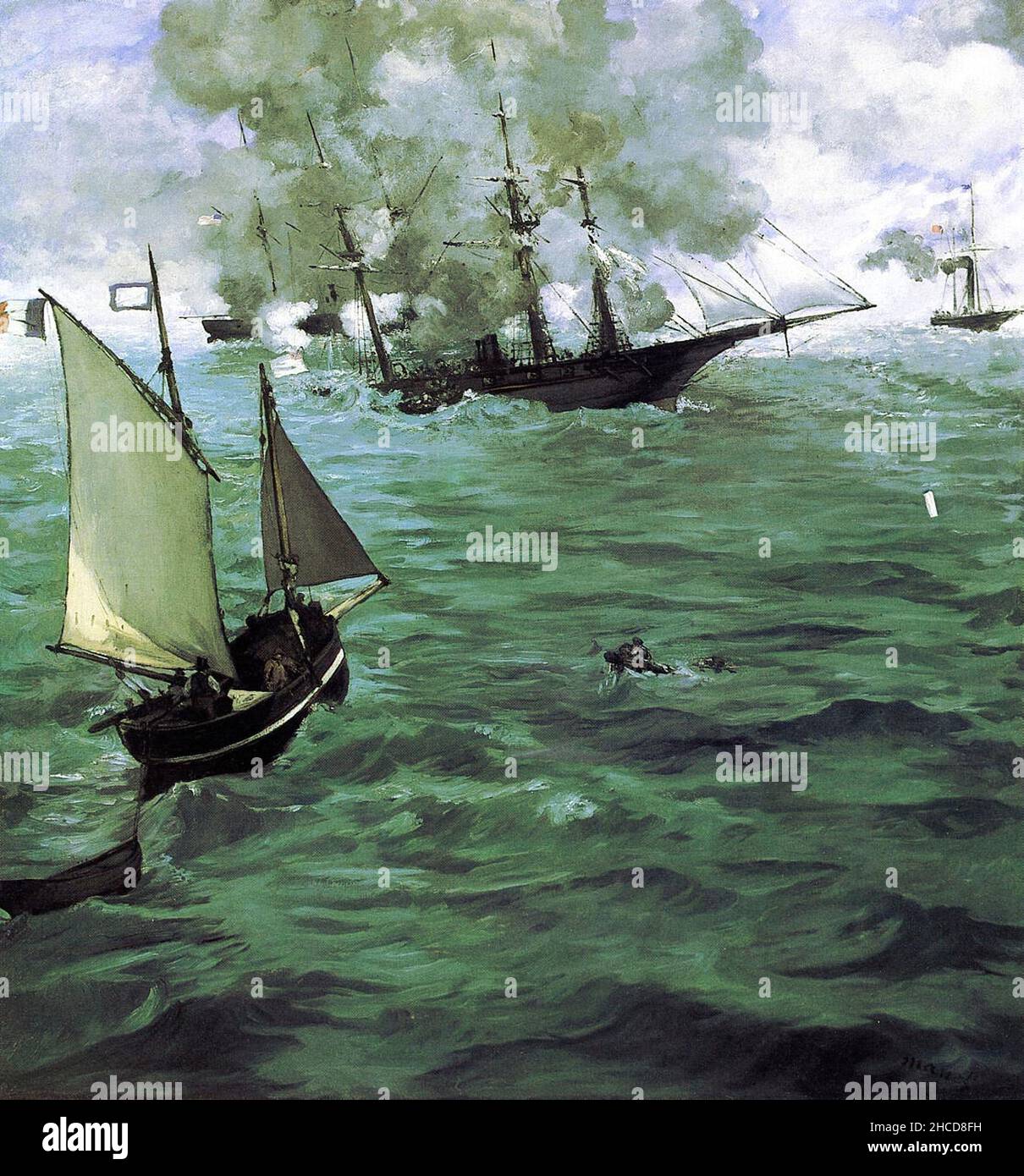 Die Schlacht von Kearsarge und Alabama von Edouard Manet.das Gemälde zeigt die Schlacht von Cherbourg von 1864, eine Schlacht während des amerikanischen Bürgerkrieges zwischen dem Union-Kreuzer USS Kearsarge und dem konföderierten Raider CSS Alabama. Stockfoto