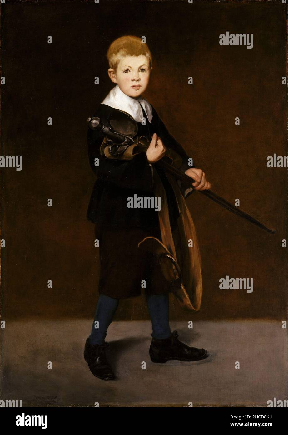 Junge, der ein Schwert trägt (L'Enfant à L'Épée) von Edouard Manet. Es zeigt einen kleinen Jungen, der als eine Seite des spanischen Hofes des 17. Jahrhunderts gekleidet ist und einen großen Schwert- und Schwertgürtel hält. Stockfoto