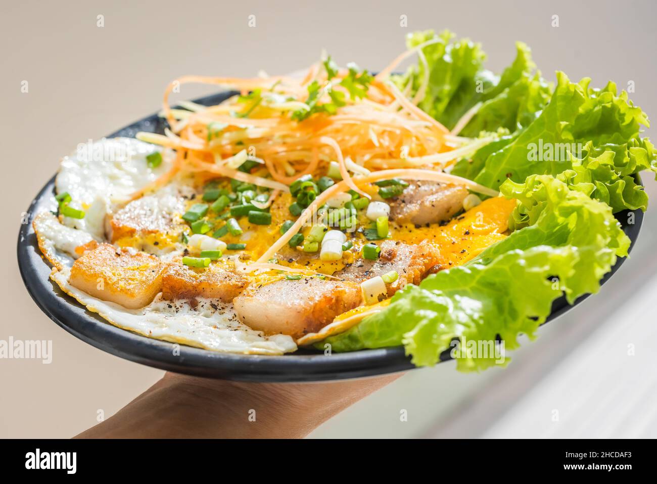 Gebratene Reiskuchen mit getrockneten Garnelen und Kartoffeln sind bei den Chinesen sehr beliebt. Dies ist ein seit langem traditioneller Kuchen der Nation. Stockfoto