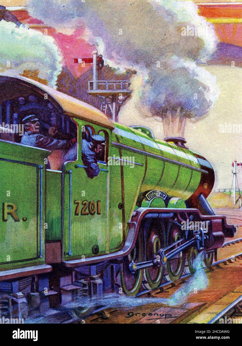 Die Flying Fox Dampflokomotive. Im Jahr 1925 begann die London & North Eastern Railway (LNER) eine Tradition der Namensgebung von Lokomotiven, nachdem sie Rennpferde gewonnen hatte, darunter Flying Fox, ein britisches Vollblut-Rennpferd-Champion, der 1899 die englische Triple Crown gewann und dreimal der führende Vererber in Frankreich war. Stockfoto