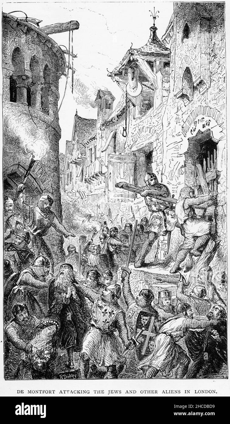 Stich von Simon de Montfort, der 1231 die Juden aus Leicester, England, vertrieben hat. Seine Eltern hatten in Frankreich, wo sein Vater für sein bigottes Christentum bekannt war, eine ähnliche Judenfeindlichkeit gezeigt, und seine Mutter hatte den Juden von Toulouse die Wahl zwischen Bekehrung, Vertreibung oder Tod gegeben. Stockfoto