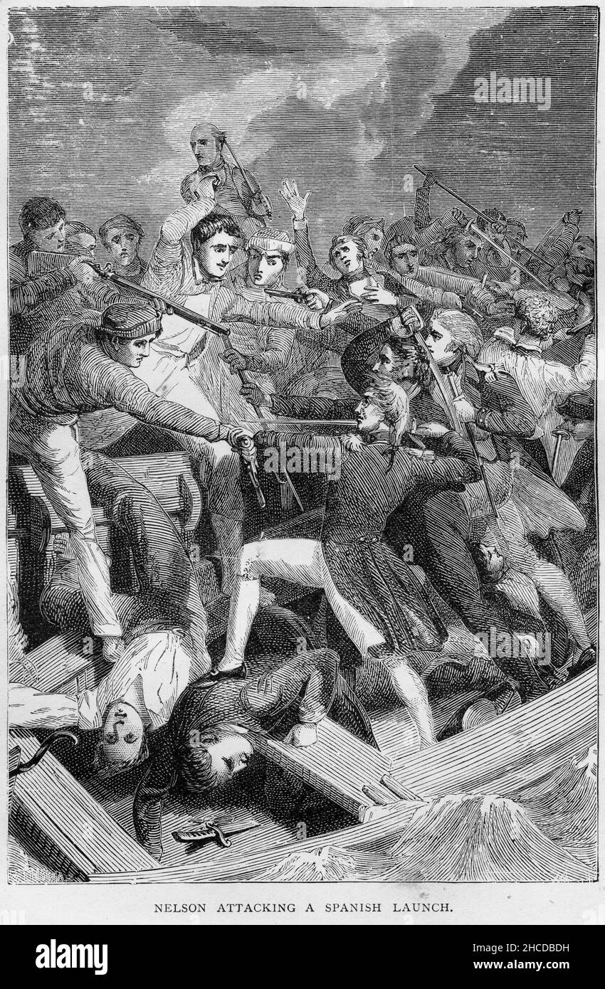 Halbton von Horatio Nelson und seinen Männern, die einen spanischen Start angreifen Stockfoto