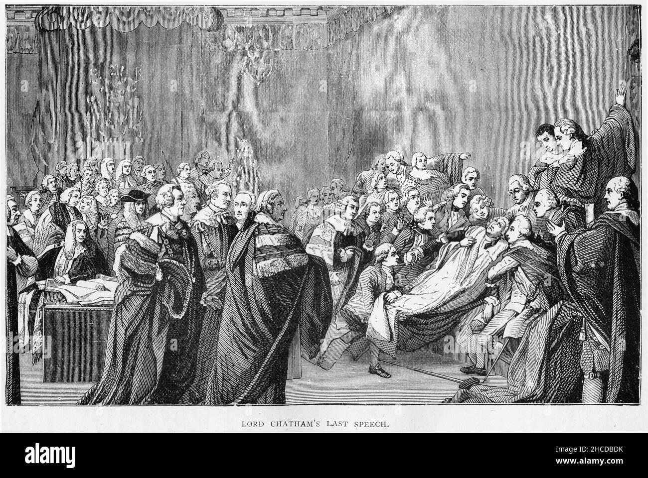 Gravur der letzten Rede und des anschließenden Todes von William Pitt, Lord Chatham, in der Oberen Kammer des Palastes von Westminster, 1778. Pitt (1708 - 1778) war ein britischer Staatsmann der Whig-Partei. Ein Großteil seiner Macht kam von seinem brillanten Oratorium. Er war den größten Teil seiner Karriere in der Opposition, war aber für seine Angriffe auf die Regierung bekannt. Stockfoto