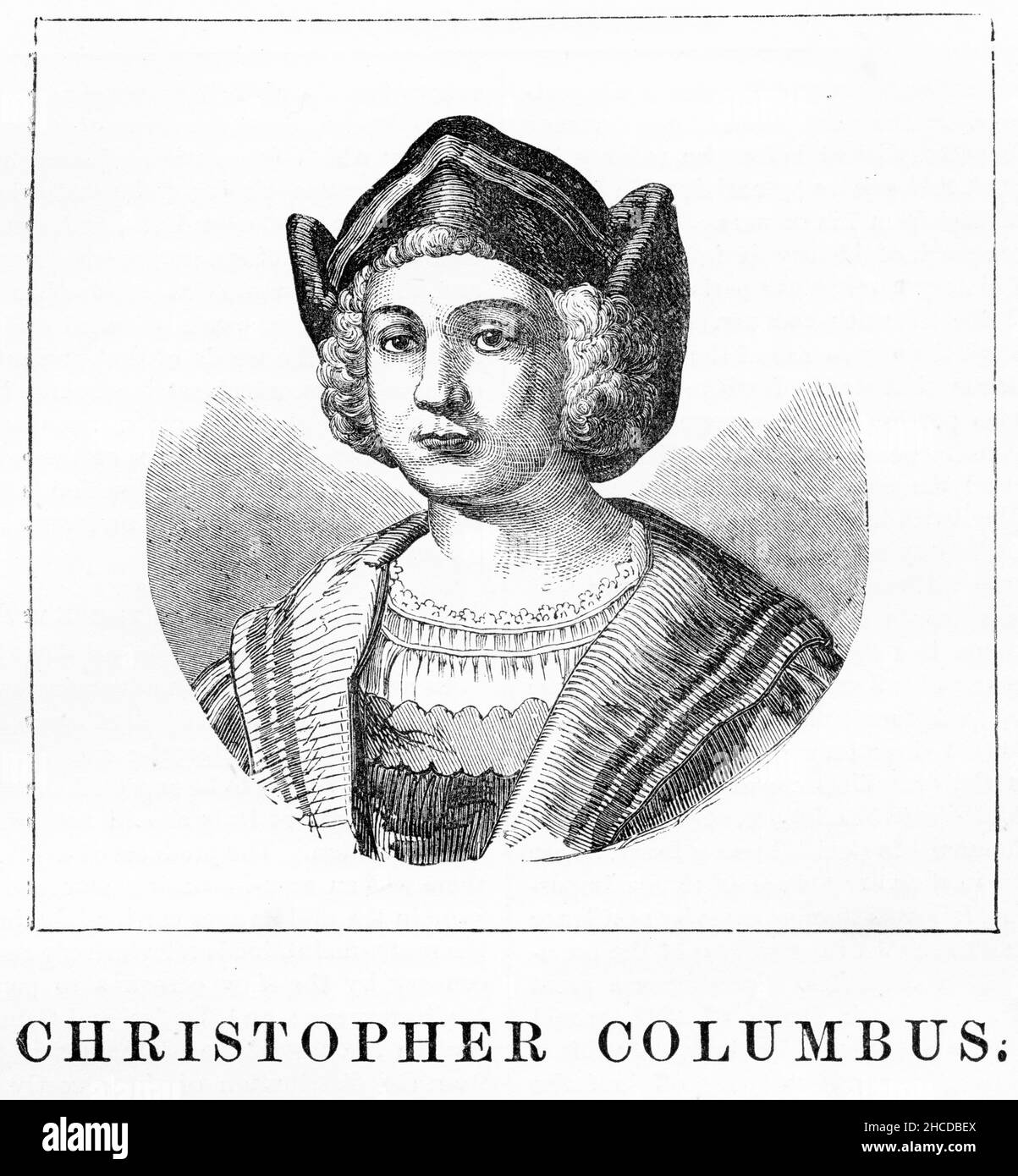 Stich eines jungen Christoph Kolumbus ( 1451 - 1506), italienischer Entdecker und Seefahrer, der vier Reisen über den Atlantischen Ozean absolvierte und damit den Weg für die weit verbreitete europäische Erkundung und Kolonisierung Amerikas öffnete. Stockfoto