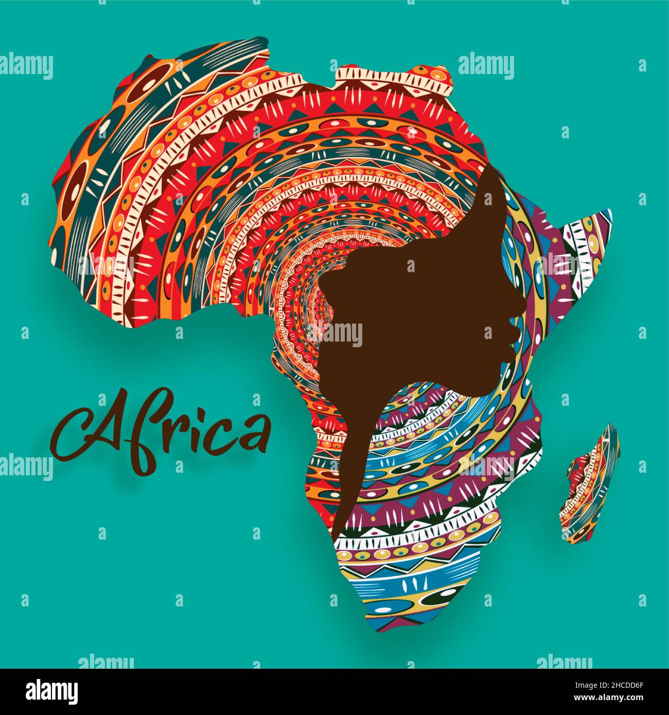 Konzept der afrikanischen Frau, Gesicht Profil Silhouette mit Turban in Form einer Karte von Afrika. Farbenfrohe Designvorlage für das Tribal-Logo im Afro-Druck. Vektor Stock Vektor