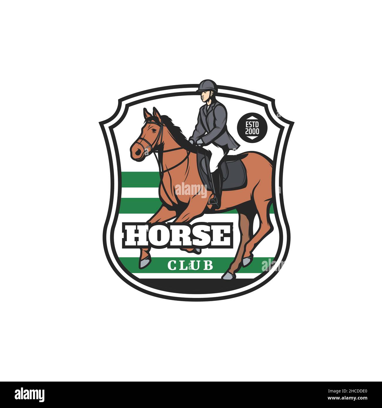Pferd und Jockey Symbol, Vektor-Emblem für Pferderennen oder Ausritte. Reitunterricht oder Teilnahme an einem Wettbewerb auf Hippodrom, Hengstrennen Stock Vektor