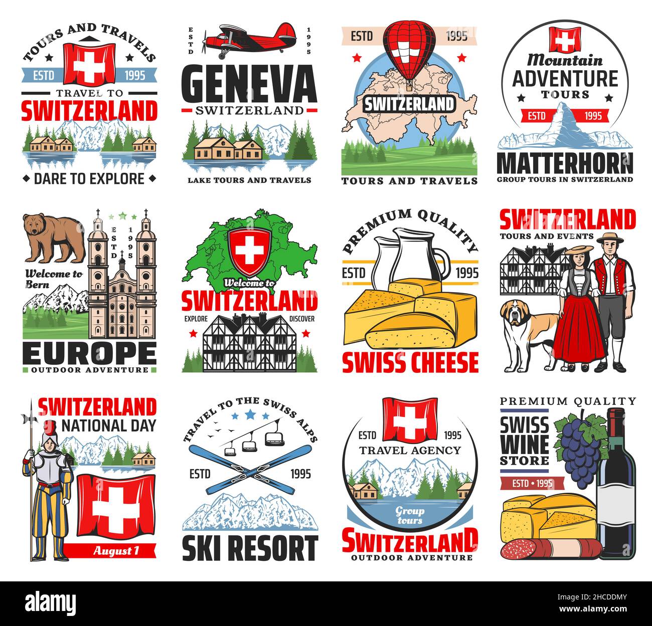 Die Schweiz ist ein Wahrzeichen der Stadt. Schweizer Käse, Wein und Wurst, Matterhorn Peak, Ski und See, Menschen in Nationalkleidung, Schweizer Flagge und S Stock Vektor