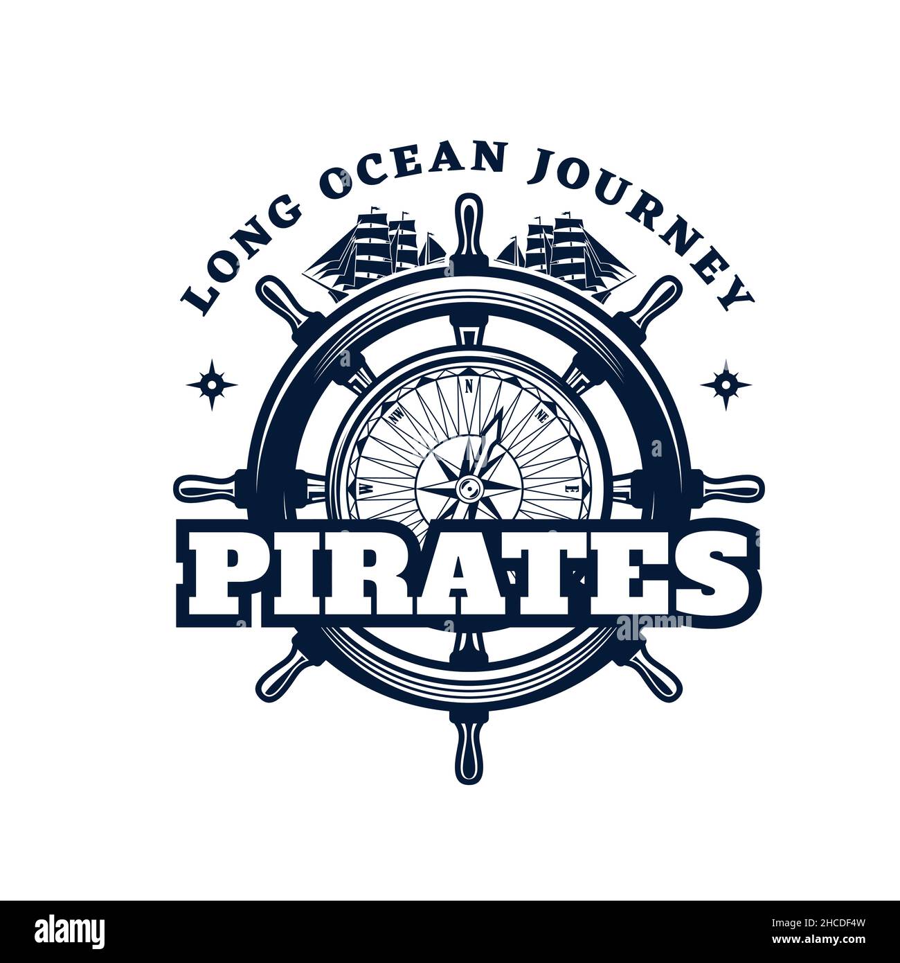 Schiffsruder und Kompass heraldische Ikone. Pirates Vektor-Emblem mit Marine Wind Rose, Brigantine Boote und Lenkrad. Ocean Journey, Sea Travel isola Stock Vektor