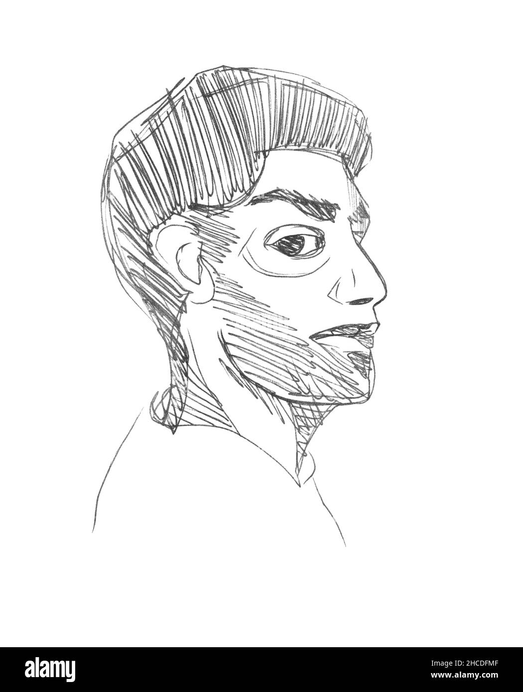 Vektorlinie Skizze eines Halbdrehs Gesicht eines erwachsenen Mannes aus dem Nahen Osten mit einem Bart auf seinem Gesicht. Pen-Zeichnung Porträt auf weißem Papier. Linearer Freihandgriff Stock Vektor
