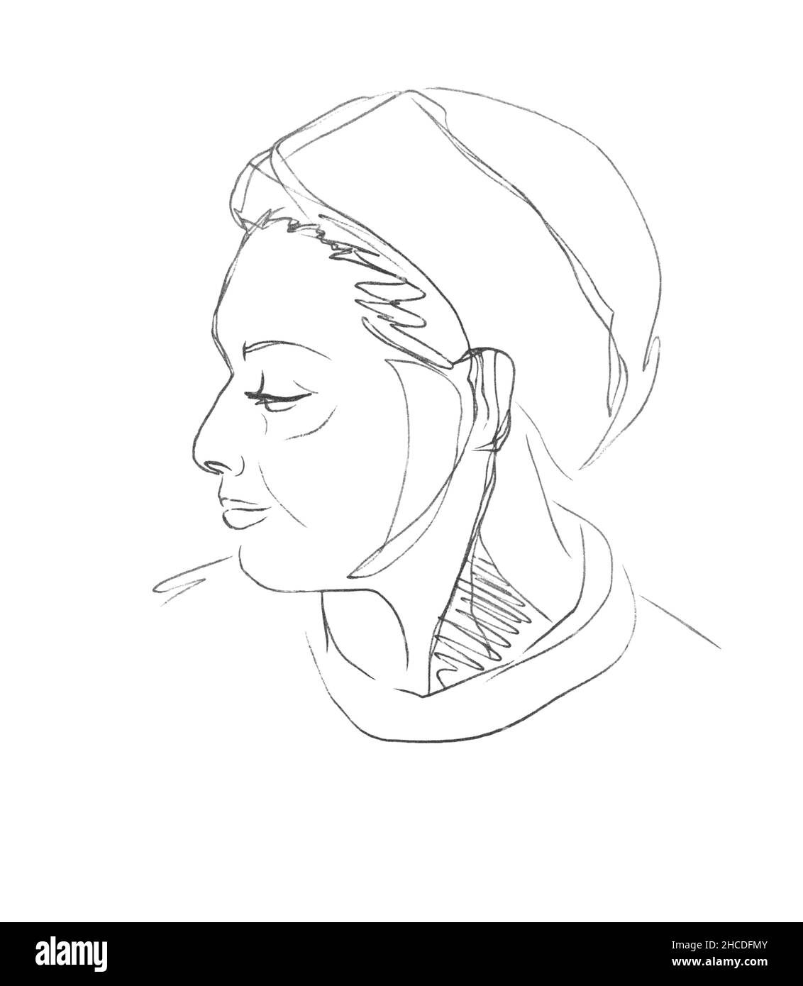 Vektorlinie Skizze einer halben Drehung des Gesichts einer erwachsenen Frau aus dem Nahen Osten mit einem Turban auf dem Kopf. Mit einem Stift gezeichnetes Porträt auf weißem Papier. Stock Vektor