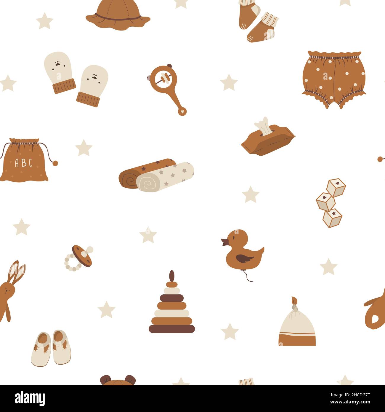 Nahtloses Muster mit Boho Baby-Objekten. Vintage Holzspielzeug für Kinder. Handgezeichnete Elemente für Kindertextilien, Geschenkpapier, Postkarten. Vektor Stock Vektor