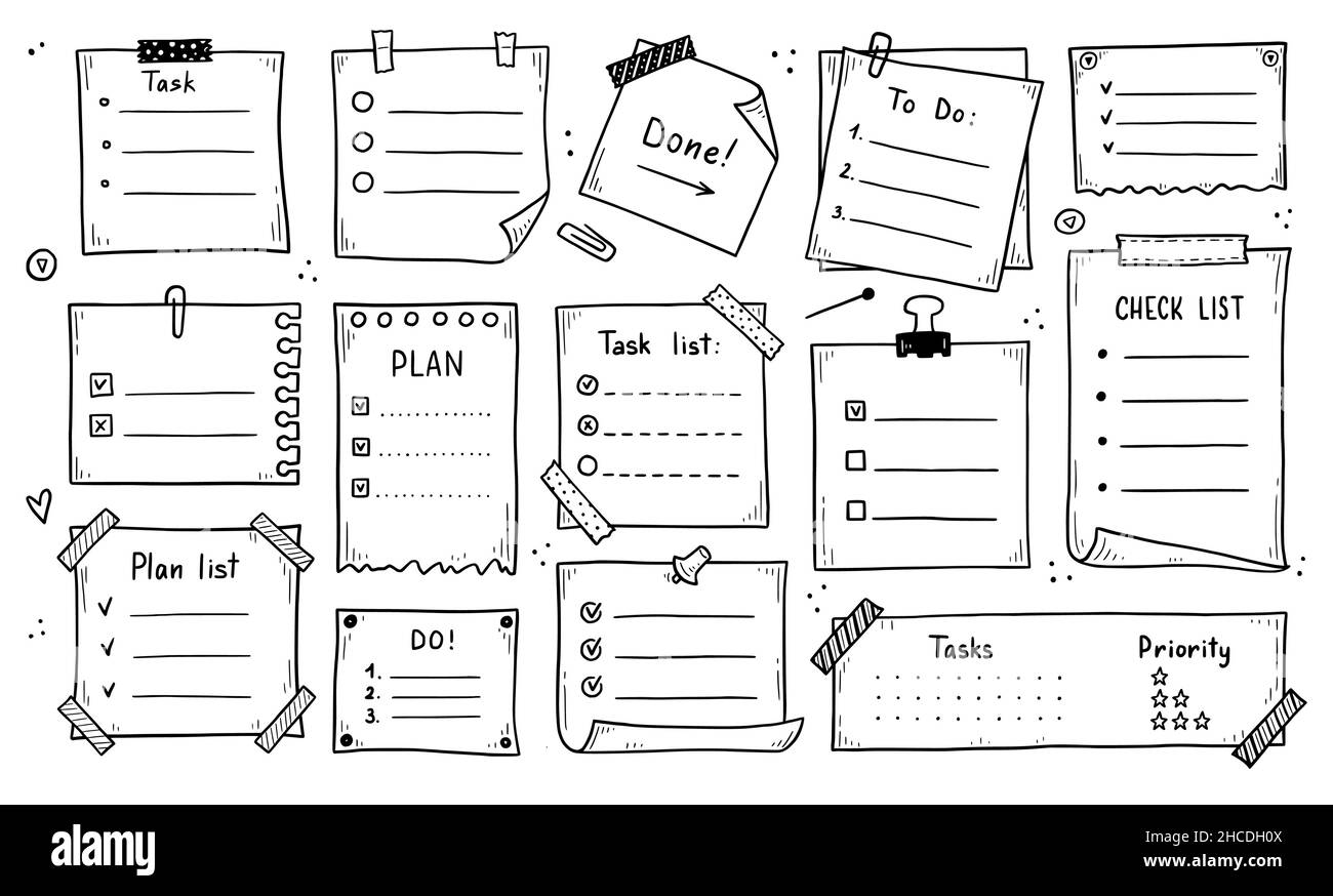 Doodle-Checkliste gesetzt. Zu tun, Aufgabenliste mit Häkchen Vektorgrafik. Handgezeichnete Notizseite im Skizzenstil. Stock Vektor