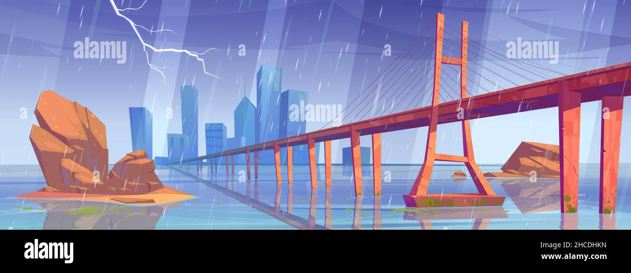 Landschaft mit Brücke über dem Wasser, Steinen im Wasser und Stadtgebäuden auf der Skyline bei Regen. Vektor-Cartoon-Illustration von See mit Stadt am Horizont, Überführung Autobahn und Gewitter mit Blitz Stock Vektor