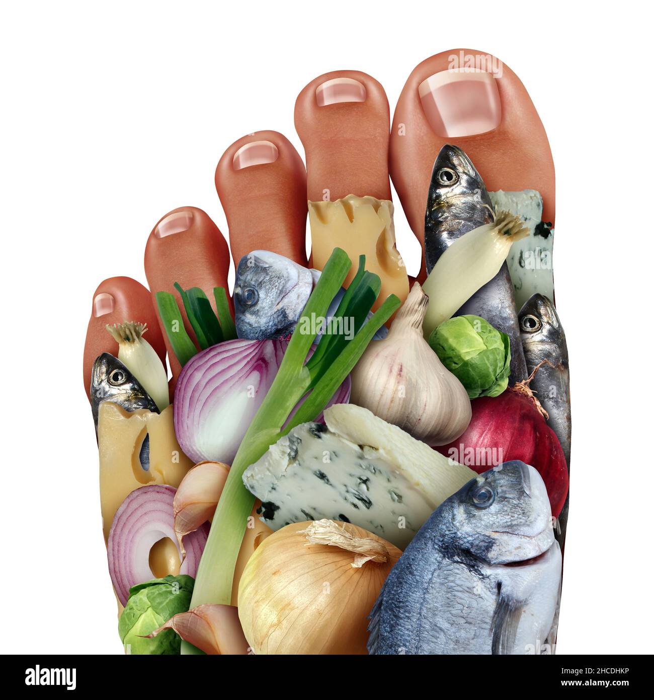 Fußgeruchskonzept und stinkende Füße symbolisieren als Bromodose-Krankheit mit dem Geruch von stinkenden Fischkäse und Zwiebeln als Geruch von verschwitzten Zehen und Bakterien. Stockfoto