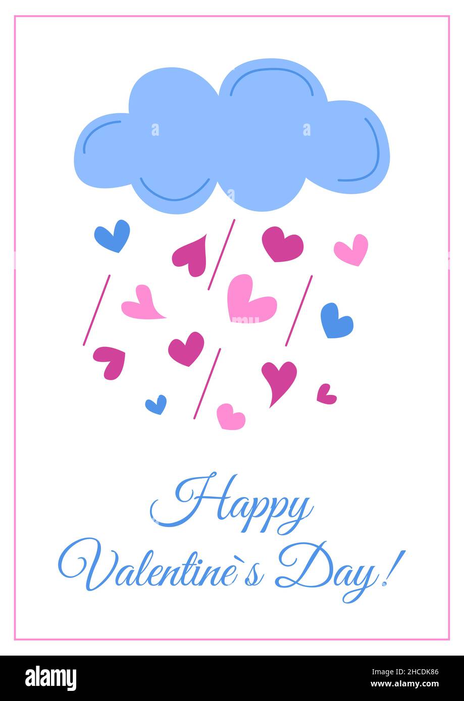 Glückwunschkarte zum Valentinstag isoliert. Liebe niedliche Wolke und Herzen regen. Rosa und blaue Farben. Vektorgrafik flach. Stock Vektor