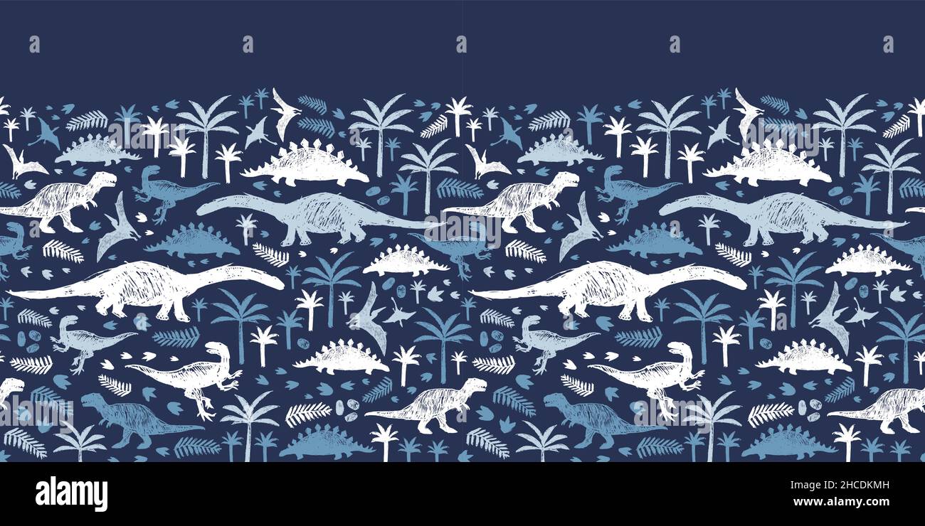 Vektor blau Dinosaurier Skizze wiederholen horizontalen Rand Muster. Perfekt für Wandbilder, Banner oder Poster. Stock Vektor
