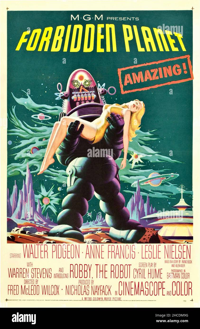 Forbidden Planet Plakatkunst - Robby der Roboter mit Babe in den Armen Stockfoto