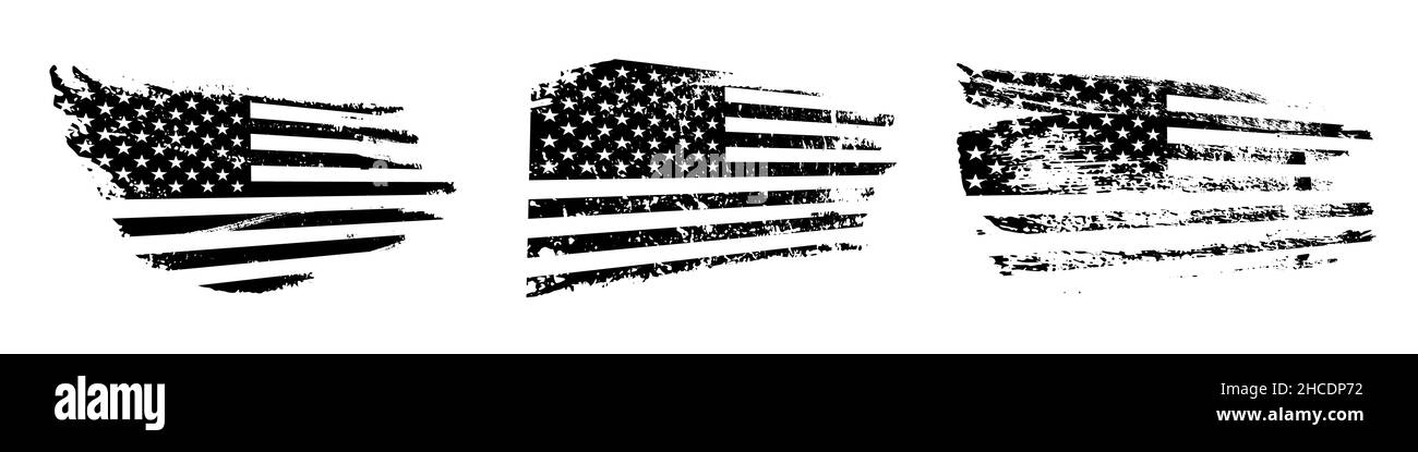 Schwarz-weiße amerikanische Flagge im Grunge-Stil. Vintage rau strukturiertes Design Vektor-Illustration. Monochrome Streifen und Sternentwürfe der USA. Cr Stock Vektor