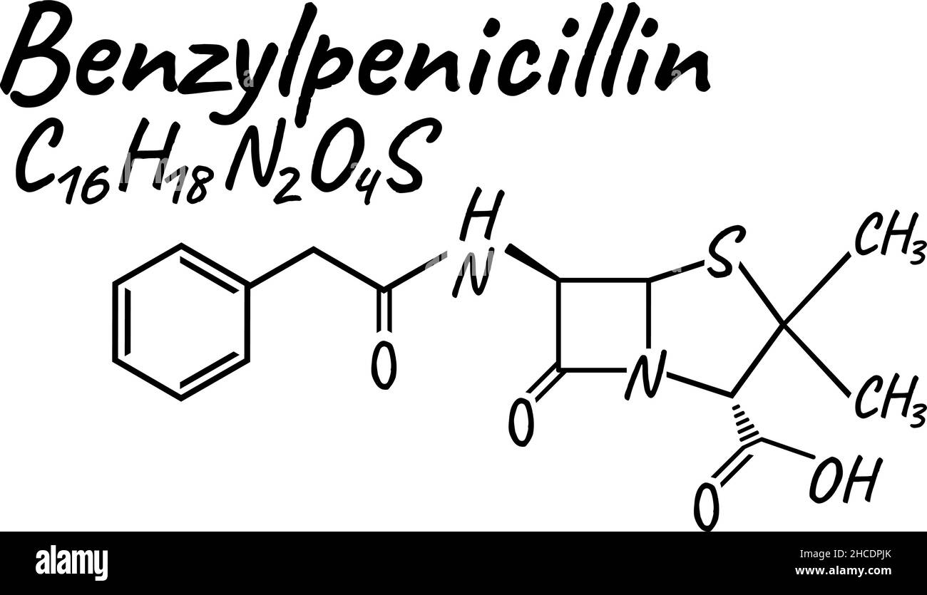 Benzylpenicillin antibiotische chemische Formel und Zusammensetzung, Konzept strukturelle medizinische Droge, isoliert auf weißem Hintergrund, Vektor-Illustration. Anti Stock Vektor